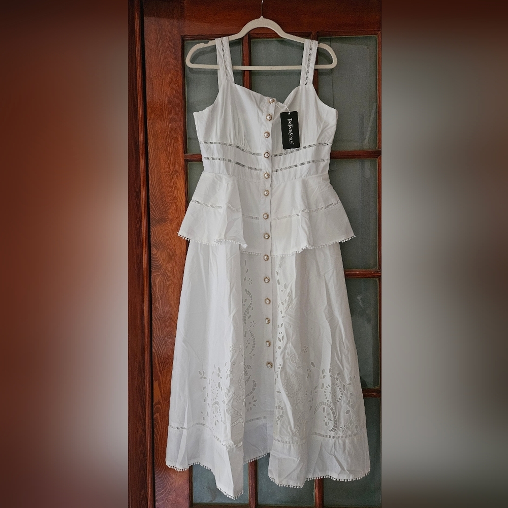 White Eyelet Embroidered Button Front Midi Dress Cottagecore Boho - NWT Size L - Picture 4 of 6